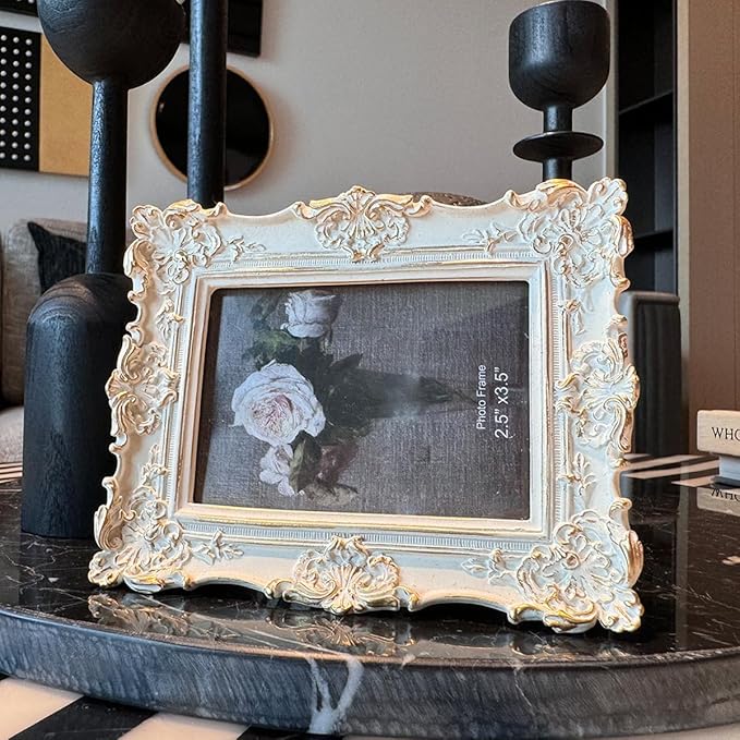 CISOO 2.5x3.5 Vintage Small Picture Frame, Antique Ornate White with Gold Wallet Size Photo Frame, for Table Top and Wall Display, Decorative Floral Design Retro Home Decor, Photo Gallery Art