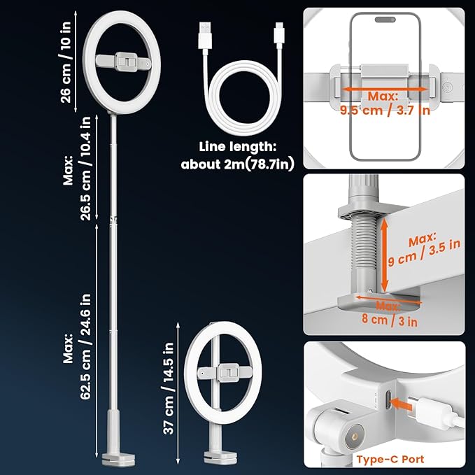 Ring Light with Overhead Phone Mount, 10" Selfie Light with Stand and Phone Holder for Video Recording, Desk Overhead Tripod for Content Creators, TikTok, YouTube, Zoom Meeting, Live Streaming