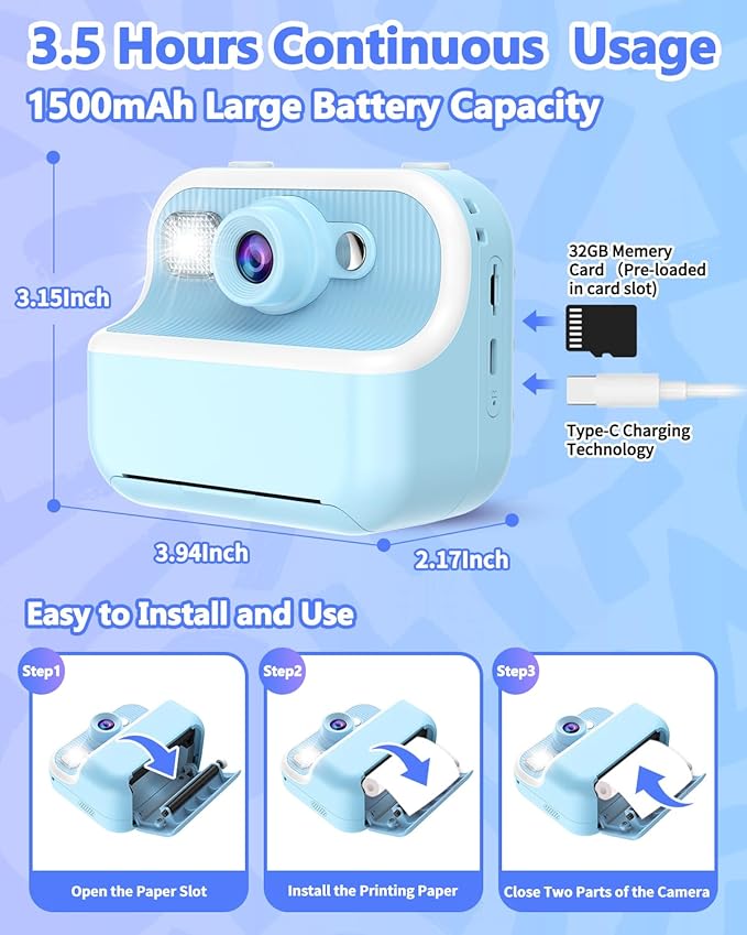 Kids Camera Instant Print, Christmas Birthday Gifts for Kids Age 3-12, HD Camera for Kids with Printing Photo Paper, Portable Toy for 4 5 6 7 8 9 10 Year Old Girl with 32GB SD Card-Blue
