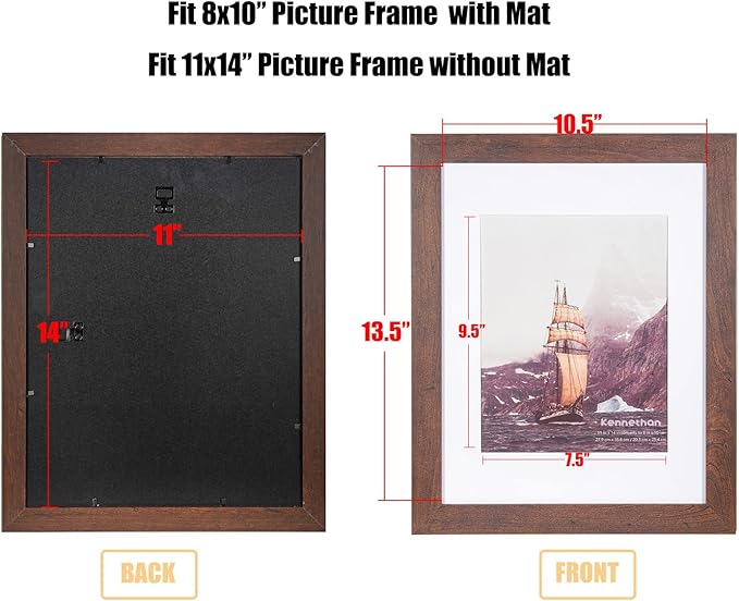 kennethan 11x14 Picture Frame Dark Brown 1 Pcs in 1 set Wooden Frame can Display 8x10 Picture with Mat or 11x14 Without Mat on the Wall for home decoration，holiday gift