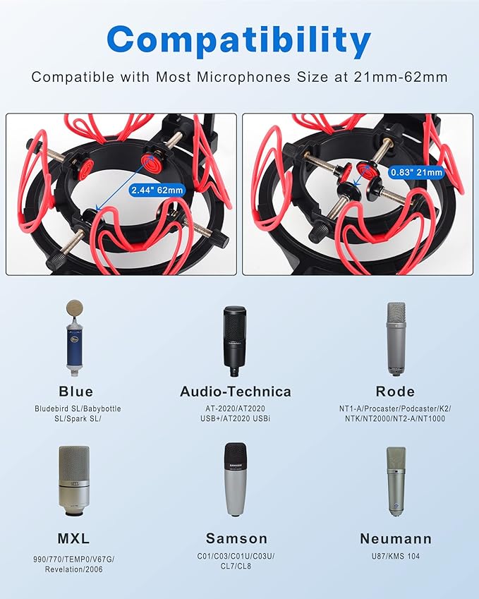 Microphone Shock Mount with Pop Filter Universal Shock Stand for Microphones Size at 21-62mm Anti-Vibration Mic Holder Clip Compatible with AT2020 MXL 990 770 Rode NT1-A Neumann 103(Red)