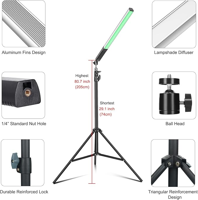 2 Pack RGB LED Video Light Wand Stick, LUXCEO Photography Studio Lighting Kits with 29" to 81" Tripod & Remote Control, Dimmable Photography Light Wand 36 Colors 3000K-6000K