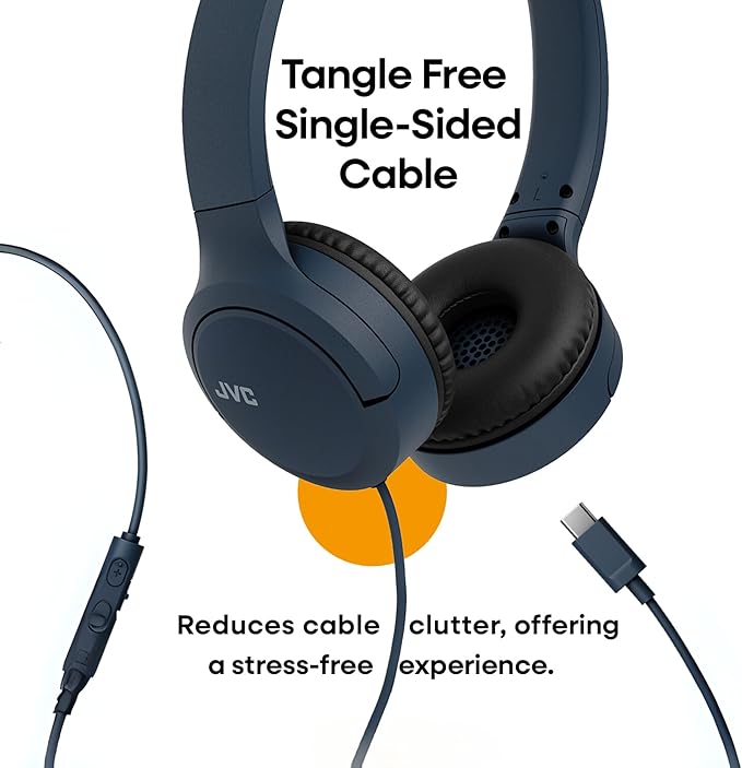 JVC USB-C Wired On-Ear Headphones with Mic – Comfortable All-Day Wear, Clear Calls, Rich Sound – Foldable & Lightweight – Tangle-Free Single-Sided Cable – Great for Gaming & Work from Home