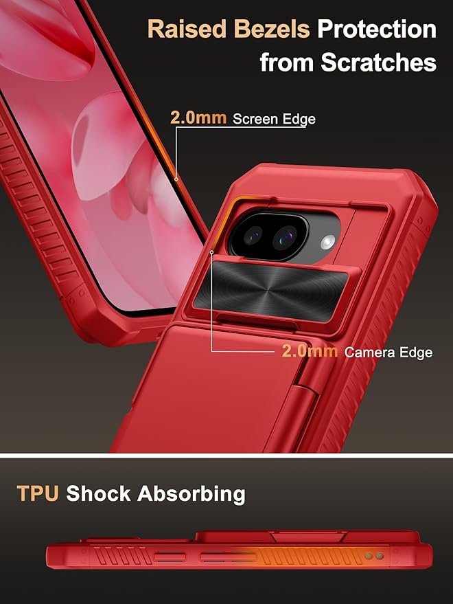 Vihibii for Google Pixel 9a Case with Card Holder (4 Cards), [RFID Blocking] & Slide Camera Cover, Military Grade Drop Protection, Heavy Duty Shockproof Wallet Cover for Google Pixel 9a 2025, Red