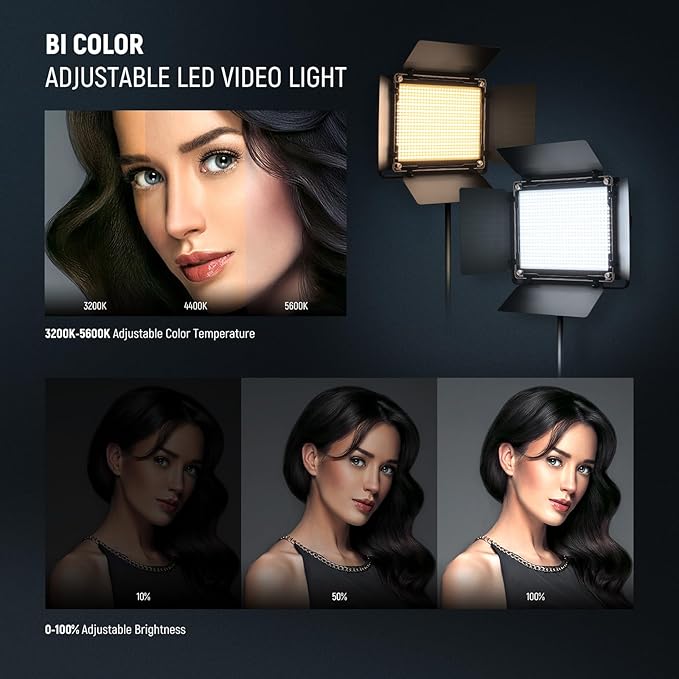 NEEWER 2 Pack Bi Color 660 LED Video Light Kit with Two 79" Tripod Stand, 3200K-5600K CRI 96+ Dimmable Panel Lighting with U Bracket and Barndoor for Studio Photography Recording Streaming, Black