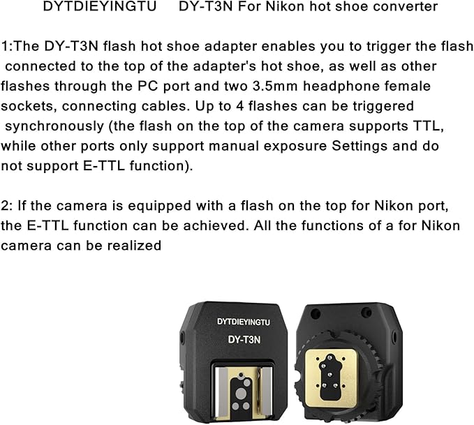 DY-T3N for Nikon Camera Flash Hot Shoe Adapter Mount Top-Mounted Expansion Accessory: Multi-Flash synchronous Shooting with Cable Converter A Set with 3 Wires (DY-T3N N03)