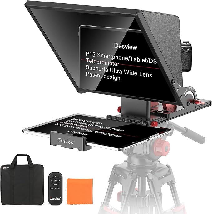 Desview P15 Teleprompter 15 inch Professional Prompter with HD Glass & Adjustable Mirror Compatible with DSLR Cameras Smartphones Tablets for Video Recording Live Streaming