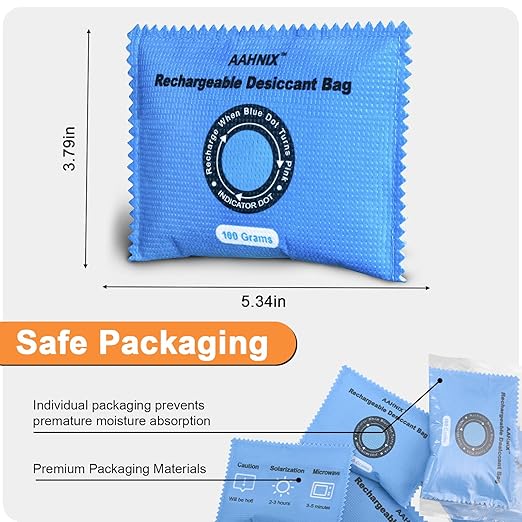 Rechargeable Desiccant Packs for Storage, Indicating Silica Desiccant Packets, 100g × 5pcs Moisture Absorbers for Handbag Storage Bins Gun Safes Wardrobe and Electronics