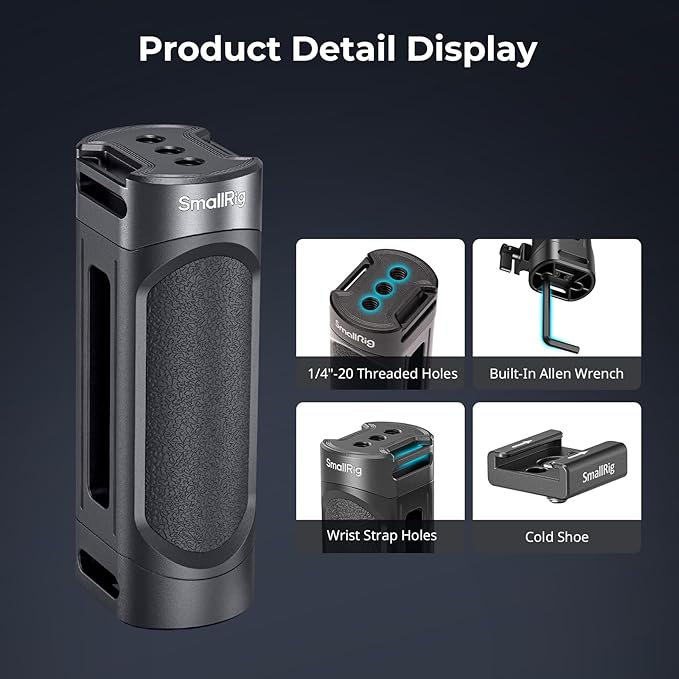 SmallRig Mini Camera Side Handle with NATO and 1/4"-20 Screws Installation Options, for Left and Right Hand, with 1/4"-20 Threaded Holes, Wrist Strap Holes, Cold Shoe, Up and Down Adjustable