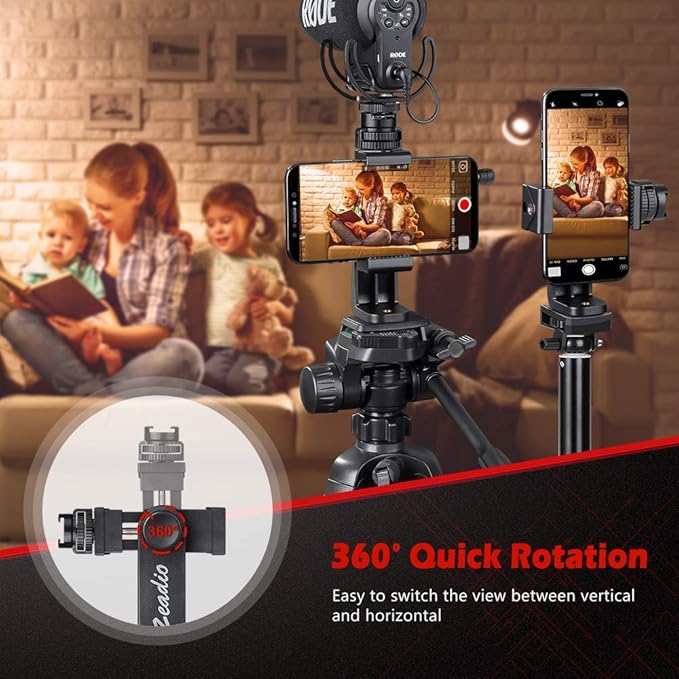 Zeadio Tripod Smartphone Mount, Cell Phone Holder Adapter Clamp with Cold-Shoe Mount, Selfie Stick and Monopod Adjustable Clamp, Fits for All iPhone and Android Smartphones