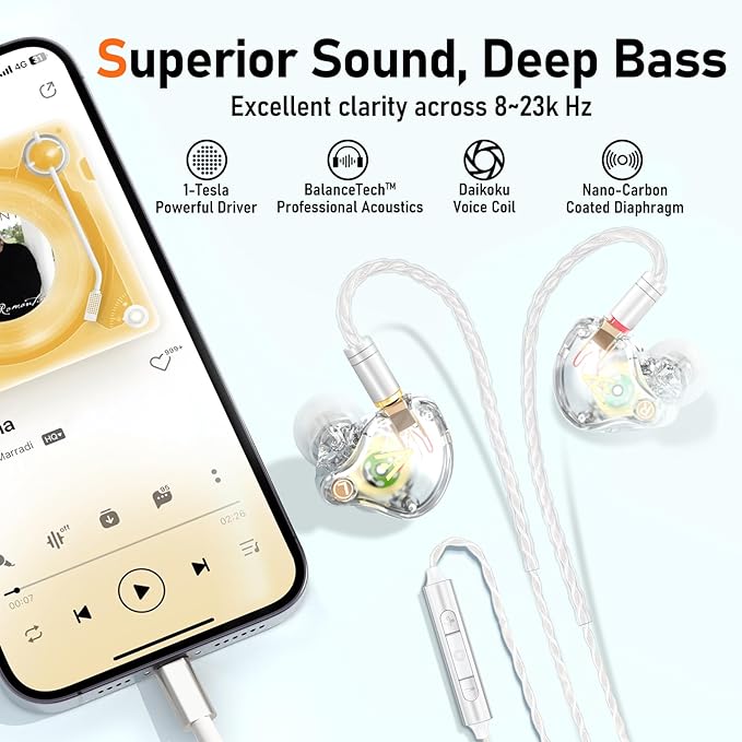 Vibes 202ML Wired Earbuds - HiFi in Ear Headphones for iPhone 5–14, Noise Isolating Ear Buds w/ Mic - Clear Sound, Deep Bass, Comfort-Fit Earphones - MMCX–LTN, Silver Plated Cord, Carrying Case