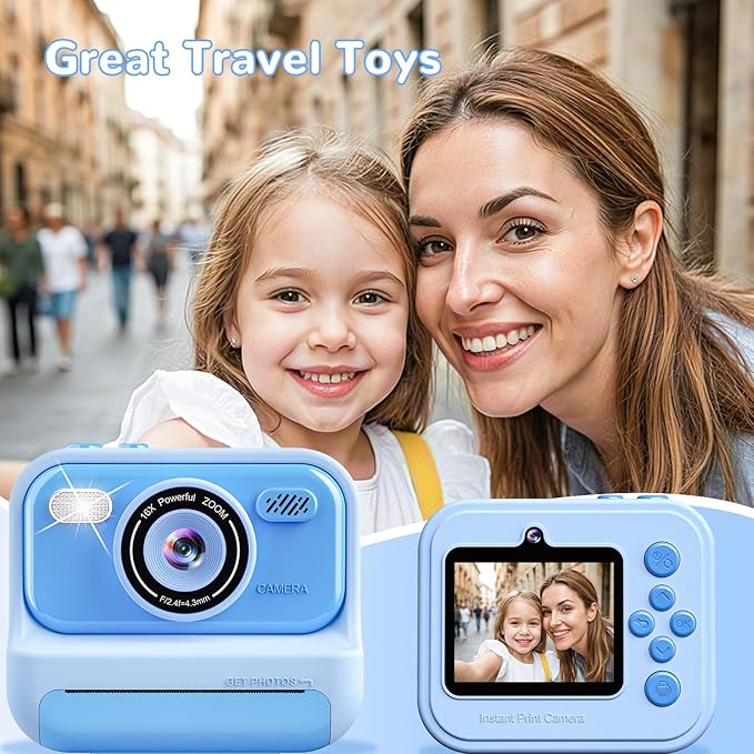 Kids Toys Instant Print Camera, Christmas Birthday Gifts for 3 4 5 6 7 8 9 10 Year Old Boys and Girls, 2.4 Inch Screen Kids Instant Cameras, Portable Toddler Travel Toys, Blue