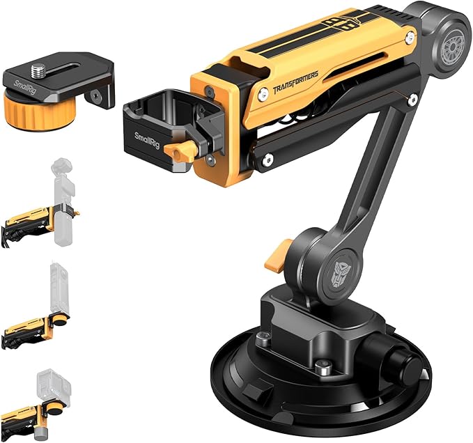SMALLRIG Mini Shock Absorber Arm, 4" Vacuum Suction Cup, Double Spring and Hydraulic Damping, Car Mount for DJI Action 6/5 Pro/Pocket 3, for GoPro Hero 13/12, for Insta360 X5/4(Bumblebee Edition)-5528