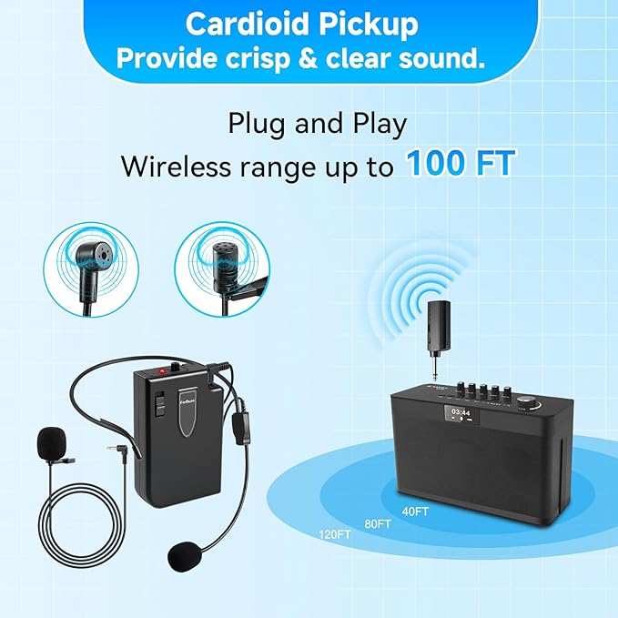 Wireless Microphone System with Headset Mic & Lavalier Lapel Mic, Portable Cordless Microphone Set, Bodypack Transmitter and Mini Receiver with 1/4'' & 1/8'' Plug, Ideal for Teaching, Speech