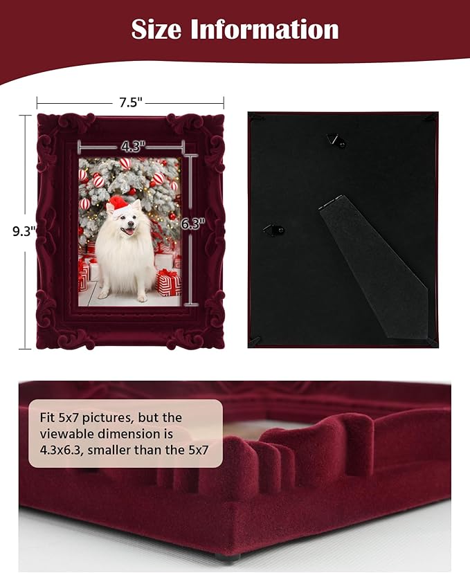 Retro Picture Frame 5x7, Red Rococo Ornate Frame for Plants Flower Art Prints Drawings, 5 by 7 Decorative Photo Frames with Real Glass and Stand, Gallery Home Office Decor (Wine Red)