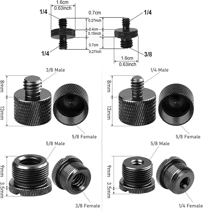 13 Pack Microphone Stand Adapter Screws with Extension Tube,Black Aluminum Alloy,3/8 to 5/8 and 1/4 Threaded Screw Mount for Mic Boom Arm,Camera Tripod,Projector Stand Arm,Fill Light