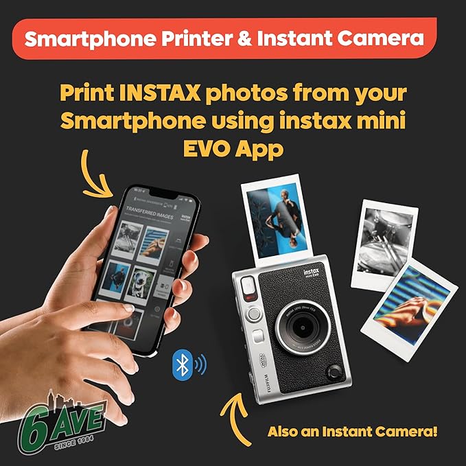 Fujifilm Instax Mini EVO Hybrid Instant Camera (Black) Bundle with Instax-Mini Twin Pack Instant-Film 40 Sheets + 32GB Memory Card + Vintage Black Mini-Evo Camera Case + Cleaning Cloth