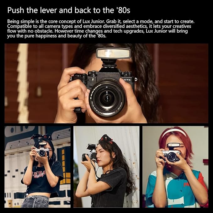 Godox Lux Junior Retro Camera Flash with Diffuser, Speedlite GN12 6000K±200K CCT, Automatic and Manual Modes 1/1-1/64 Flash Power, 28mm Focal Length for Canon Nikon Sony Fuji Olympus Cameras - White