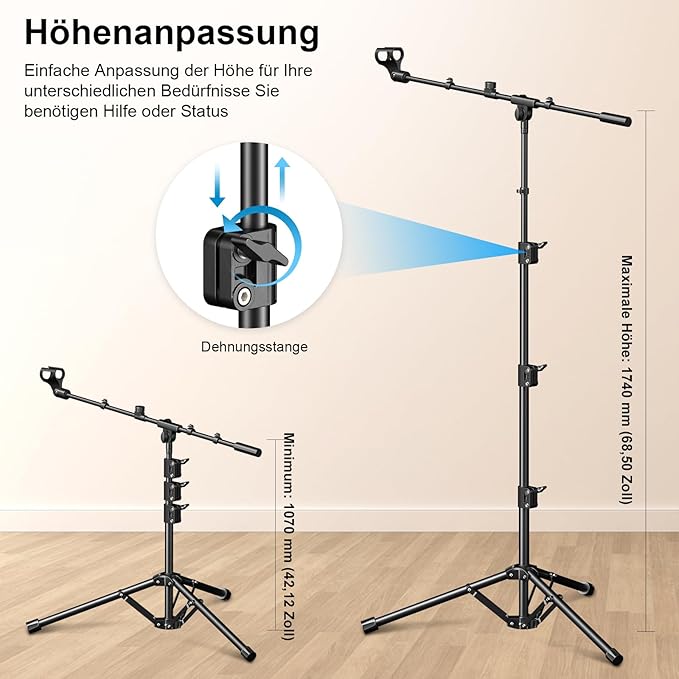 Microphone Stand, Tripod Boom Arm Floor Mic Stand Height Adjustable Heavy Duty with Carrying Bag 2 Mic Clips 3/8" to 5/8" Adapter for Singing Podcast for Blue Yeti Shure SM58 SM48 Samson Q2U