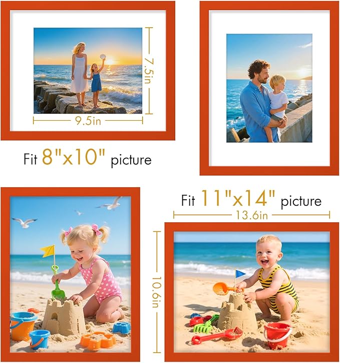 Vittanly 11x14 Picture Frame, Made of Solid Wood and Shatterproof Plexiglass, Display Pictures 8x10 with Mat or 8x10 without Mat, Wooden Photo Frame for Wall Mounting or Tabletop, Orange, 1 Pack