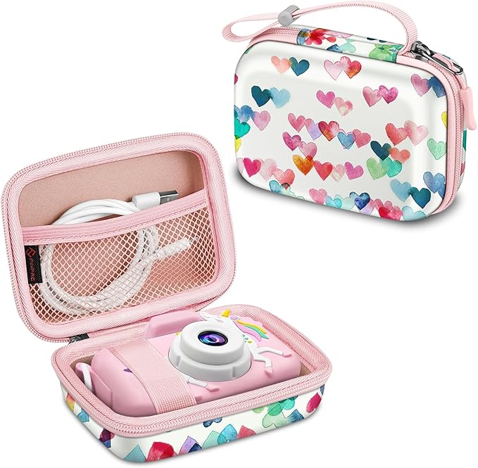 FINTIE Kids Camera Case Compatible with Goopow/Seckton/Dylanto/Mgaolo/Masterbee/CIMELR/Desuccus Kids Digital Camera Toys, Children Carrying Bag, Birthday Festival Gift, Raining Hearts