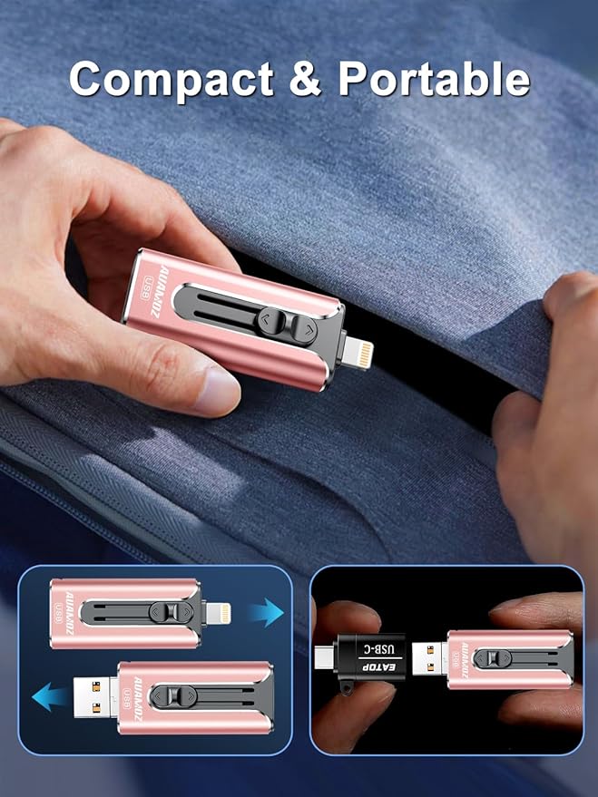 AUAMOZ 256GB Flash Drive Intended for iPhone, Memory Stick Storage Files Photos Videos Backup, Compatible with iPhone iPad Android PC, Plug and Play, No Application Required (Pink)
