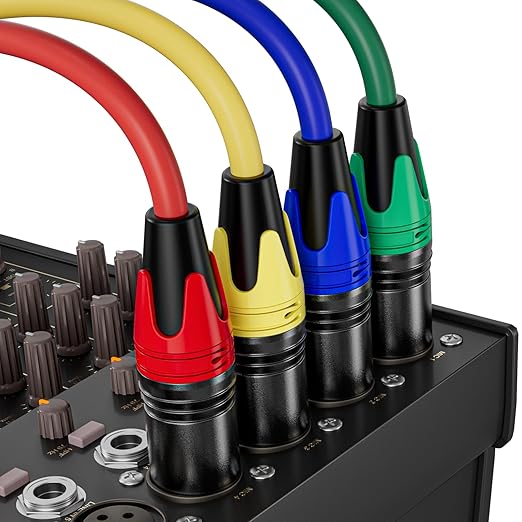 XLR Cable 10ft 4 Packs - Premium Balanced Microphone Cable with 3-Pin XLR Male to Female Mic Speaker Cable, 4 Colors (Red, Yellow, Green, Blue), Pure Copper and Plated Conductors