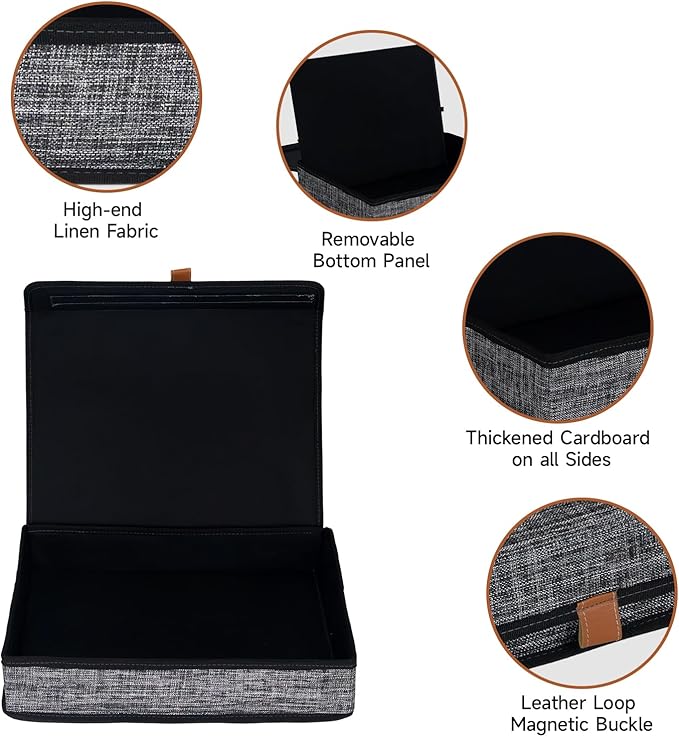 ORGMASTER Photo Storage Boxes with Lids, Memory Box for Keepsakes, Picture Organizer Versatile Linen Containers Basket Collapsible Bin for Organizing Home Office, 2 Pack, 14x10.8x2.5 Inch, Black