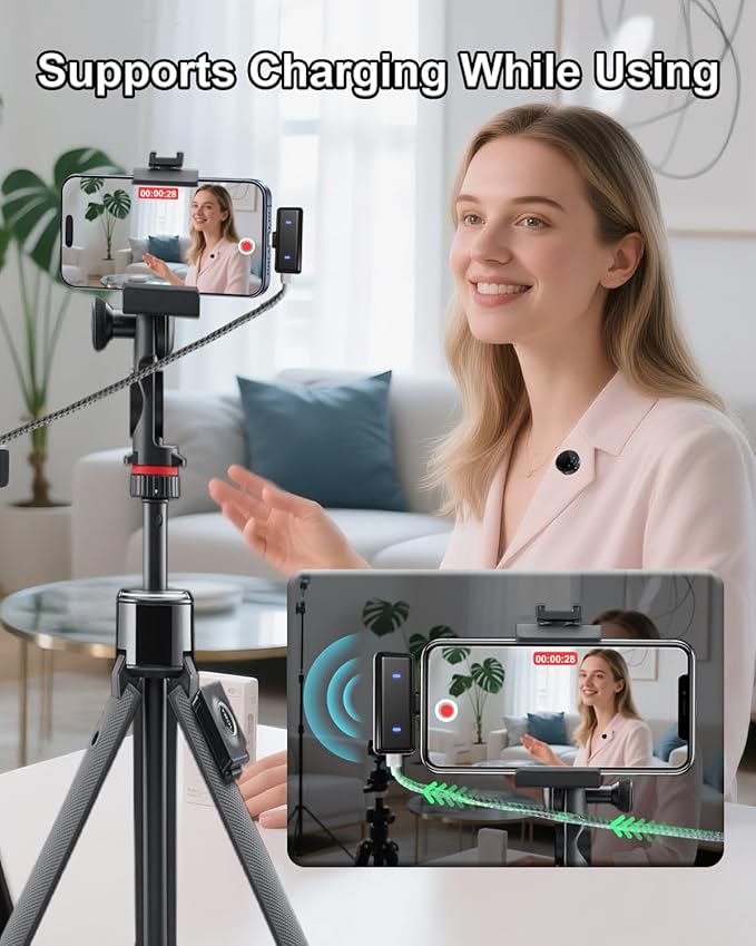 PoP voice Wireless Lavalier Microphone for iPhone 16/15/14/13/iPad/Android, USB C Mini Microphone for Video Recording, Lapel mic with Charging Case, Noise Reduction, for Vlog/YouTube, 48H, 100ft