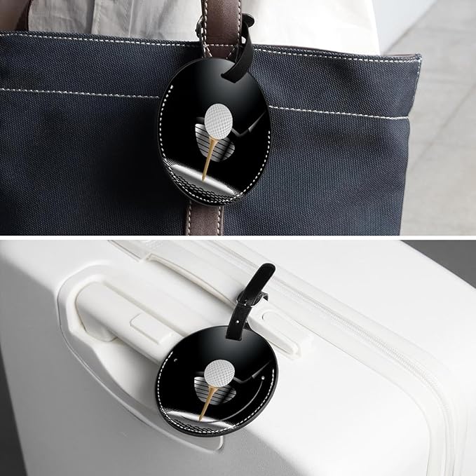 2 Pack Golf Ball on Tee with Club in The Spotlight Luggage Tags for Suitcases PU Leather Privacy Protection 2 Pack Bag Tags Travel Accessories Essential