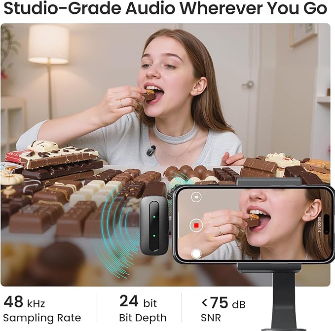 Mini Microphone, Ultra-Light Wireless Microphone for iPhone/Android, 30H Battery Life with Charging Case, 48kHz/24bit, Noise Cancellation for Vlogging, Streaming