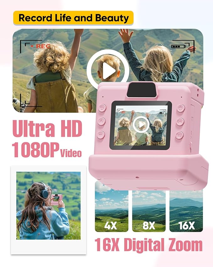 Instant Print Camera for Kids,2.4 Inch Screen Kids Instant Cameras, Christmas Birthday Gifts for Girls Age 3-12, Portable Toddler Toy for 3 4 5 6 7 8 9 10 Year Old Girls Boys (Pink)