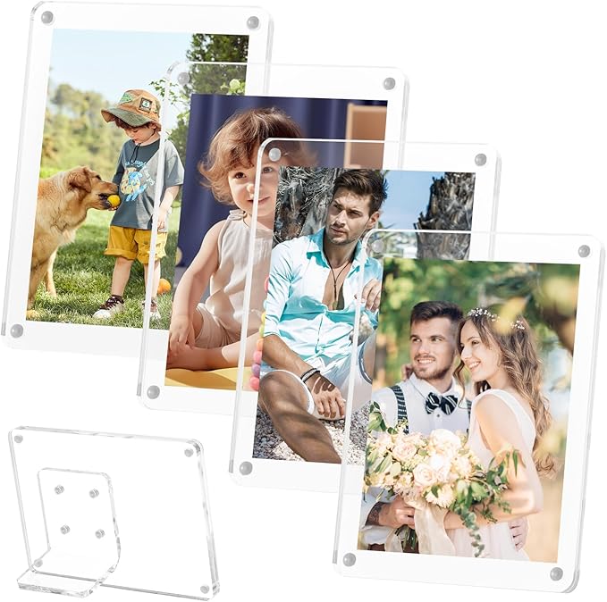 VZZNN 4 Pack Acrylic Magnetic Picture Frames 2.36x3.54 with Removable Magnetic Stand Instax Mini Frame Acrylic Tabletop Photo Frames Magnetic Polaroid Frames 2x3 Picture Frame For Tabletop Home Decor