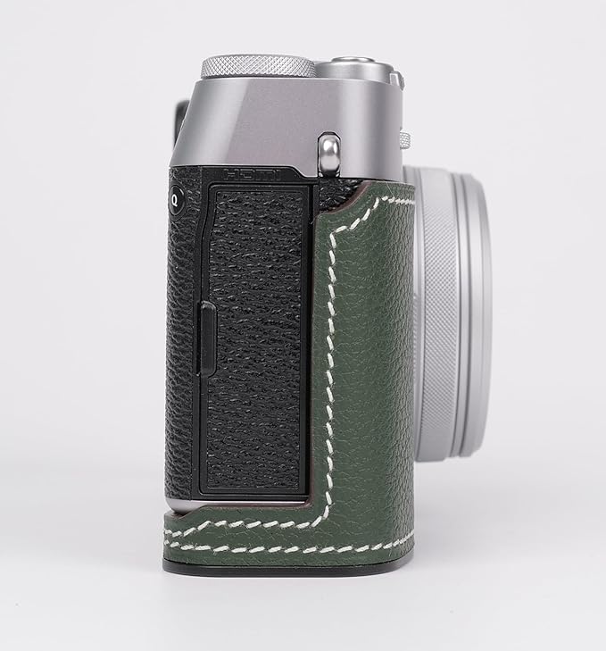 Uchandmade Handmade Genuine Leather Camera Half Case for Fujifilm X100VI - Top Layer Cowhide Body + Metal Base Plate - Hand Shank Free Design (Green)