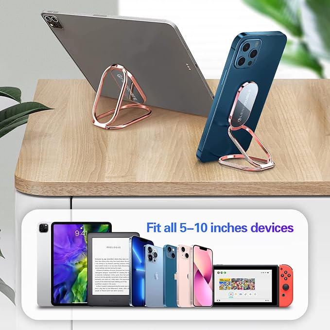 Adjustable Cell Phone Stand for Desk, Portable Phone Ring Holder Finger Kickstand Foldable Desktop Hand Grip, 360° Rotatable Loop Handle for Magnetic Car Mount & iPhone iPad Tablet Case Back-Rose Gold