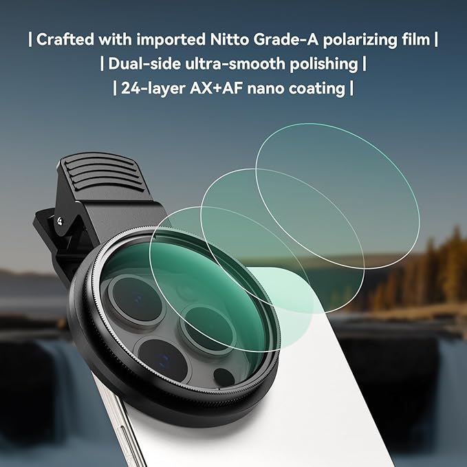 APEXEL CPL 52mm Circular Polarizer Polarizing Filter for iPhone/DSLR for iPhone Camera Lens 16 15 14 13 12 Pro Max Samsung Galaxy Huawei with Adapter Ring, Universal Clip