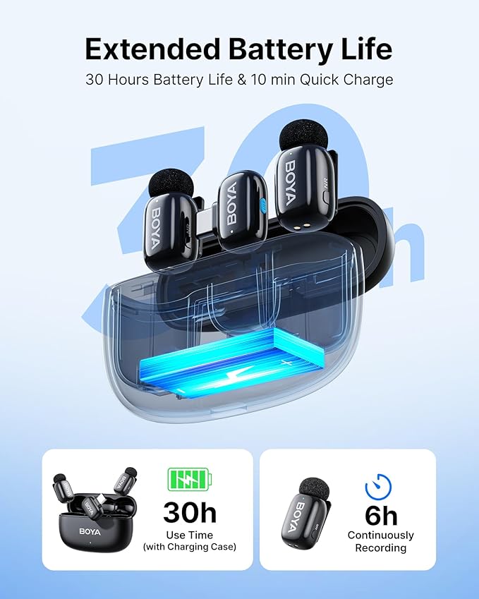 BOYA mini 2 Wireless Microphone for iPhone & Android, AI Noise Cancellation,App Control, 48k Hz/24 Bit, 30H Battery Life with Charging Case,Lapel Microphone Wireless for Video Recording Vlog Streaming