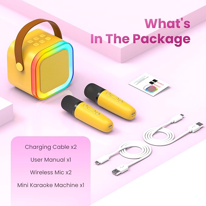 Karaoke Machine for Kids Adults, Portable Bluetooth Speaker with 2 Wireless Karaoke Microphones, 2026 TOP Birthday for Girls 3,4,5,6,8+Year Old Toddler Toys Karaoke Player(Yellow)
