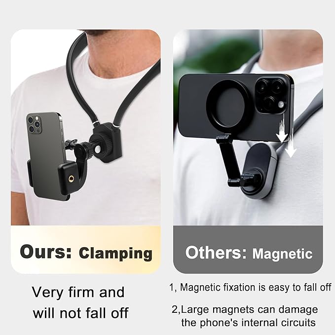 Neck Mount for Phones, Hands Free POV/Vlog Filming, Neck Cell Phone Holder for Recording Cooking Riding Outdoor, Content Creator Essentials Compatible with iPhone Android Smartphones (Black)