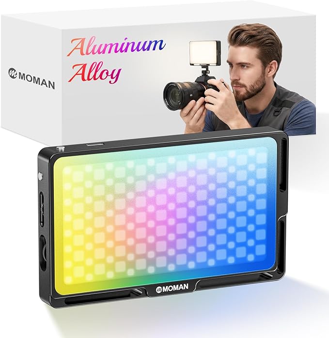 Moman Portable LED Video Light, Aluminum Alloy Body On-Camera Light, Diffuser & Built-in Battery, 2500K-8500K RGB Dimmable, CRI 96+ Photography Fill Light with 1/4" Screw for DSLR, Vlog, YouTube