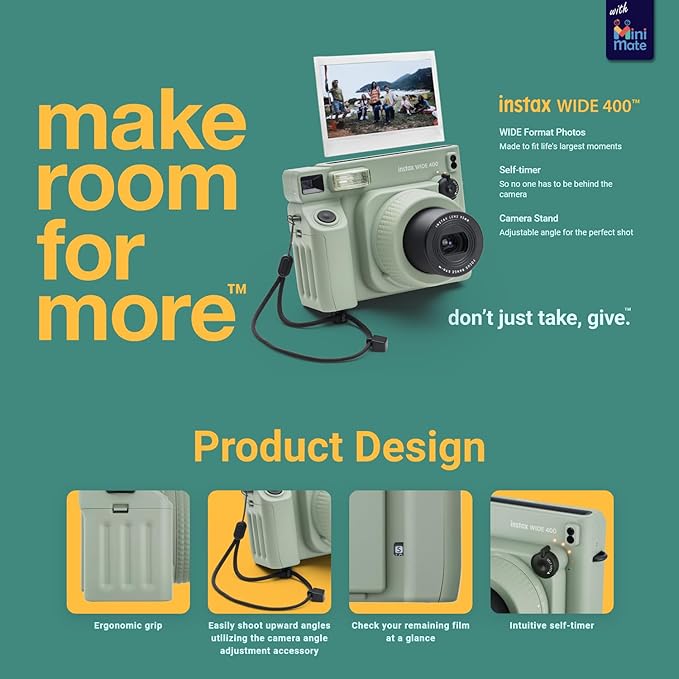 Fujifilm INSTAX Wide 400 Instant Camera Green + MiniMate Accessory Bundle & Compatible Custom Case + Fuji Film Value Pack 20 Sheets Accessories Bundle with Album
