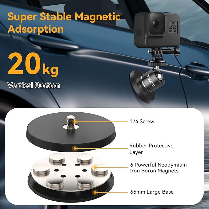 UTEBIT 66mm Magnetic Camera Mount 1/4 Thread, Gopro Magnet Car Screw Mount Set Black