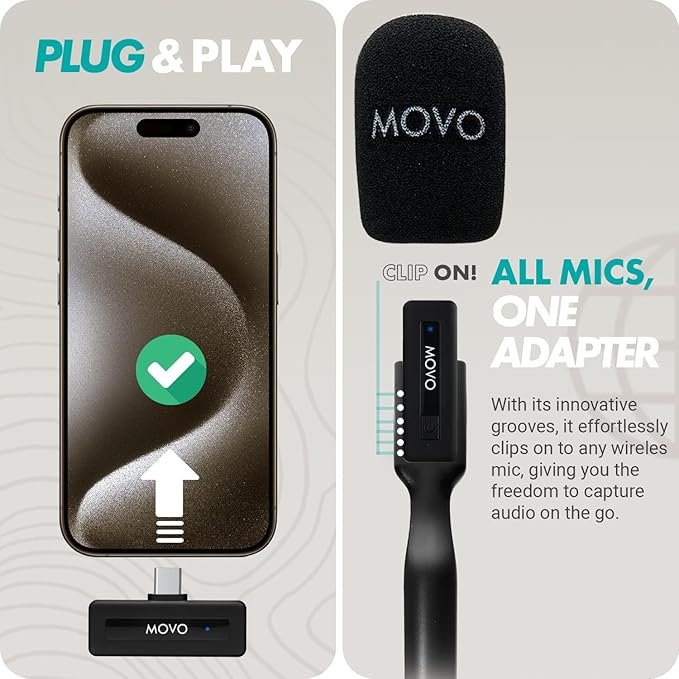 Movo Wireless Mini UC Ultra Compact Wireless Lavalier Microphone for iPhone 15/16/17 and up with WMX-HM Handheld Adapter - Lapel Mic with Handle Mount for Content Creators, Interviews, Reporting