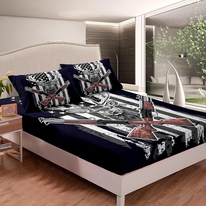 Erosebridal Deer Sheet Set American Flag Bedding Twin Size Hunting Theme Bed Sheets Western Rustic Farmhouse Decor Fitted Sheet Wild Animal Elk Print Flat Sheet USA Flag Sheets 3 Pcs