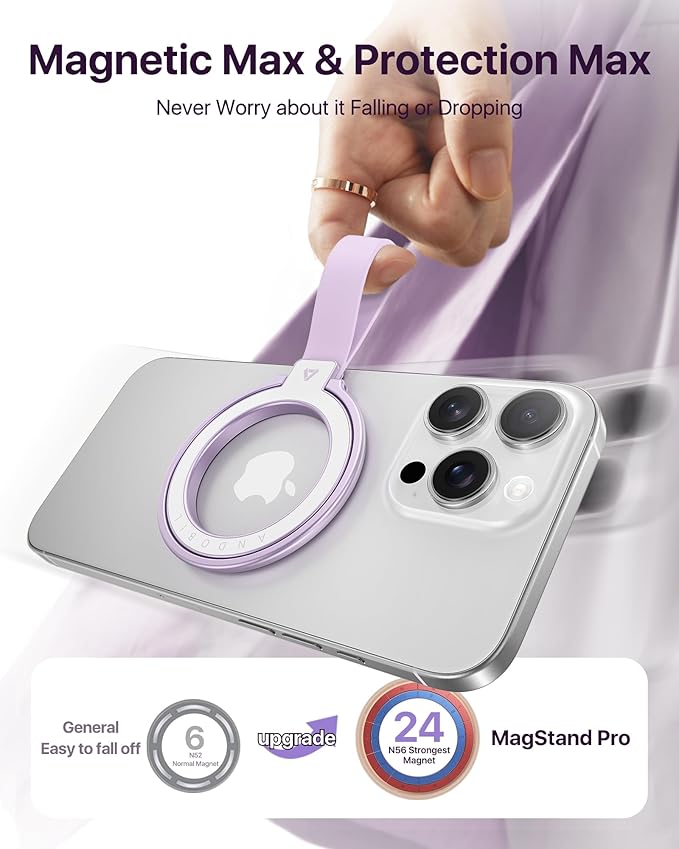 andobil [2025 Unrivaled Stability] Magnetic Phone Grip Holder for MagSafe Ring Stand Holder Kickstand Compatible with MagSafe Accessories for iPhone 17 Air 16 Pro Max Plus 15 14 13 12&Android, Purple