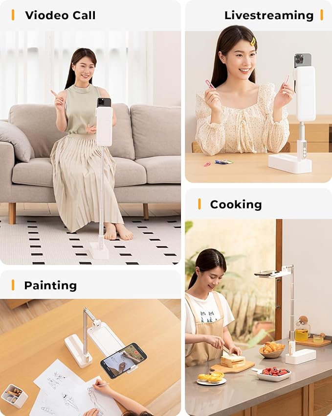 Phone Stand for Recording, Overhead Phone Mount with Light, Selfie Stand,Portable,Extendable,360° Rotate,Adjustable,Wireless Remote,Rechargeable, for 3.5-6.9" Phones, Live Streaming, White