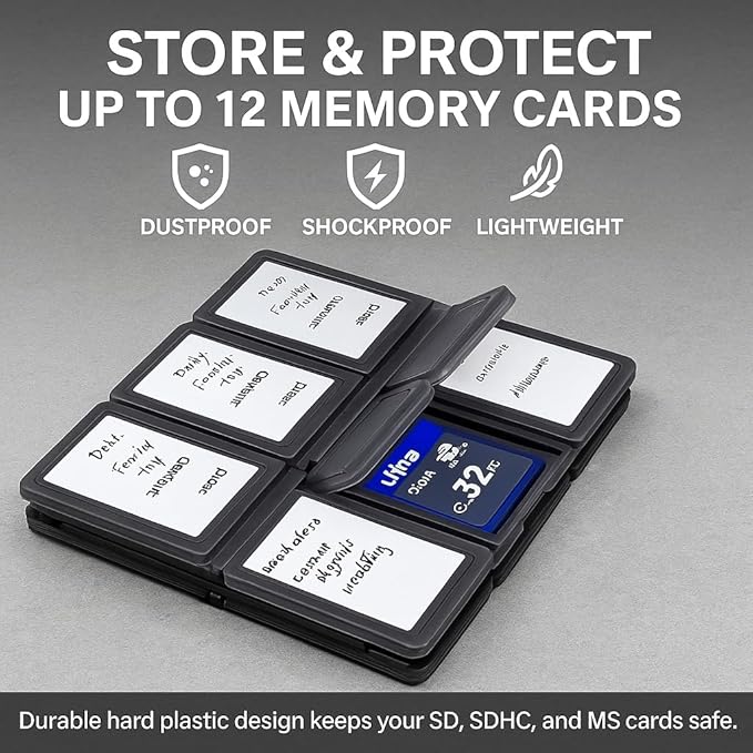 Acuvar 12 Slot SD/SDHC Memory Card Hard Plastic Case – Durable ABS Portable SD Card Storage Box Organizer, Protective Hard Shell SD Card Carrying Case for Photographers, Anti-Shock & Waterproof