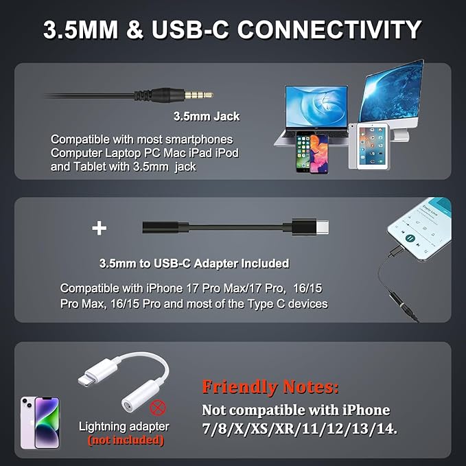 Callez Wired Computer Headset, 3.5mm/USB-C Headset with Mic Noise Cancelling, Cell Phone Headphone for PC Laptop Mac iPhone 15/16/17 Samsung Zoom Teams Call Center Home Office Work, in-line Controls