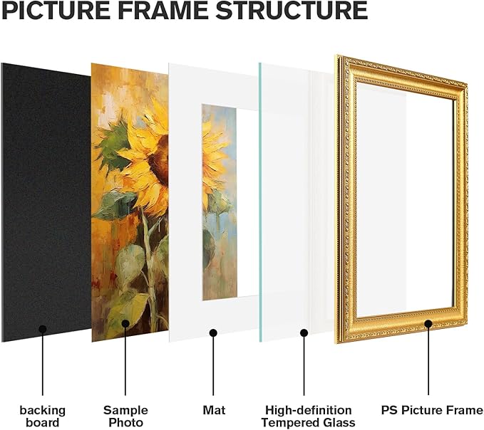 12x16 Gold Picture Frames Set of 2, Ornate Vintage 12 x 16 Photo Frames for Wall Decor or Tabletop Display, 16x12 Gold Frames with Real Glass, Display 8.5x11 Pictures with Mat or 12x16 without Mat for Antique Déco