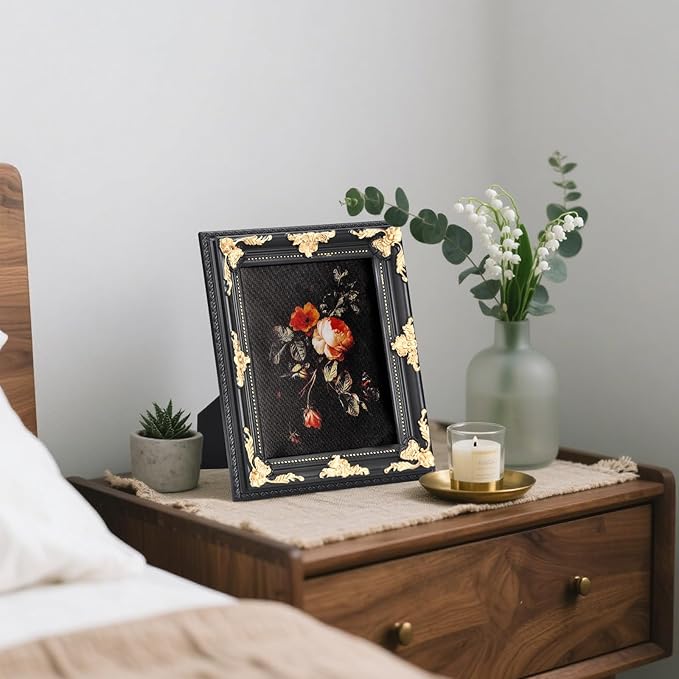 8x10 Vintage Picture Frame with Real Glass - Black Solid Wood Frame with Gold Embossed Flower, Ornate Wooden Photo Frame for Wall Mount & Tabletop Display